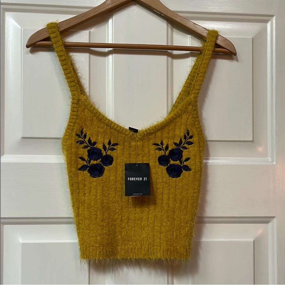 Forever 21 Mustard Yellow Tank Top with Purple Floral Embroidery
